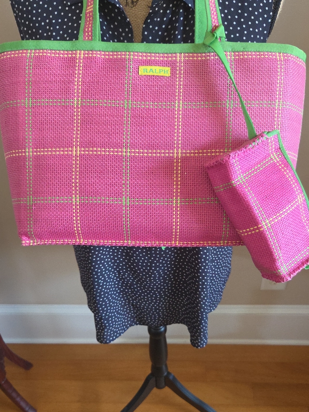 Ralph Lauren Y2k-era, Woven Straw Plaid Beach Tote Bag